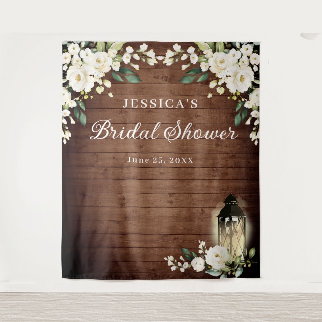 White Roses Lantern Wood Bridal Shower Backdrop Tapestry (Front)