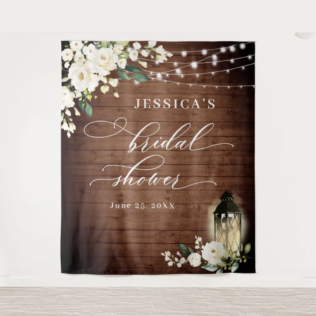 White Roses Lantern Wood Bridal Shower Backdrop Tapestry (Front)