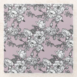 white roses lavender background glass coaster