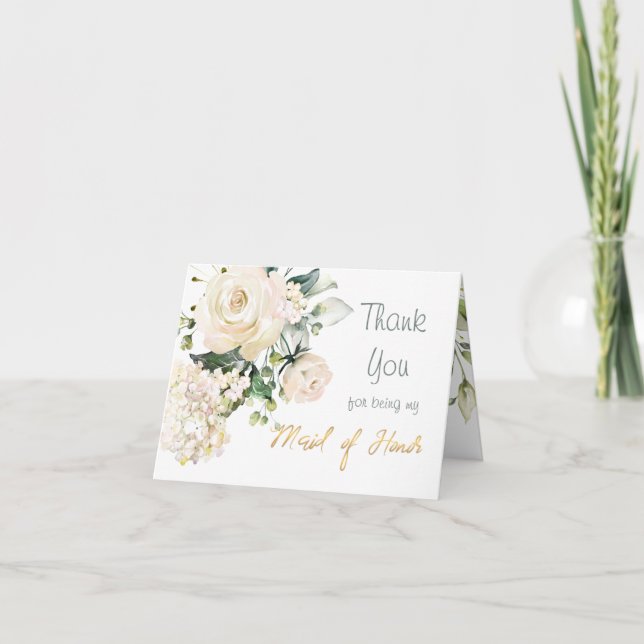 White roses Maid of Honor Thank You card (Front)