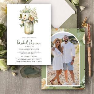 White Roses Mason Jar Photo Bridal Shower Invitation