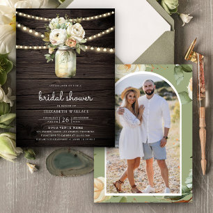 White Roses Mason Jar Photo Wood Bridal Shower Invitation