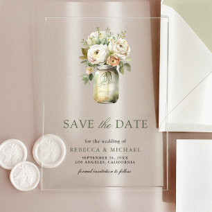 White Roses Mason Jar Wedding Save the Date Acrylic Invitations