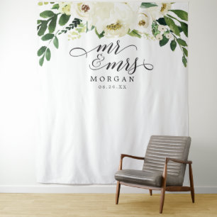 White Roses Mr & Mrs Wedding Backdrop Banner Tapestry