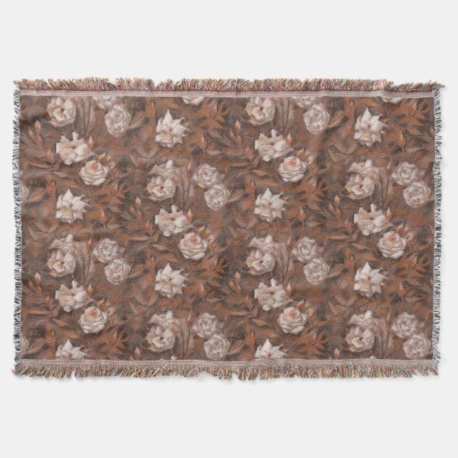 White roses, nostalgic floral pattern earth colour throw blanket (Front)