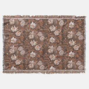 White roses, nostalgic floral pattern earth throw blanket