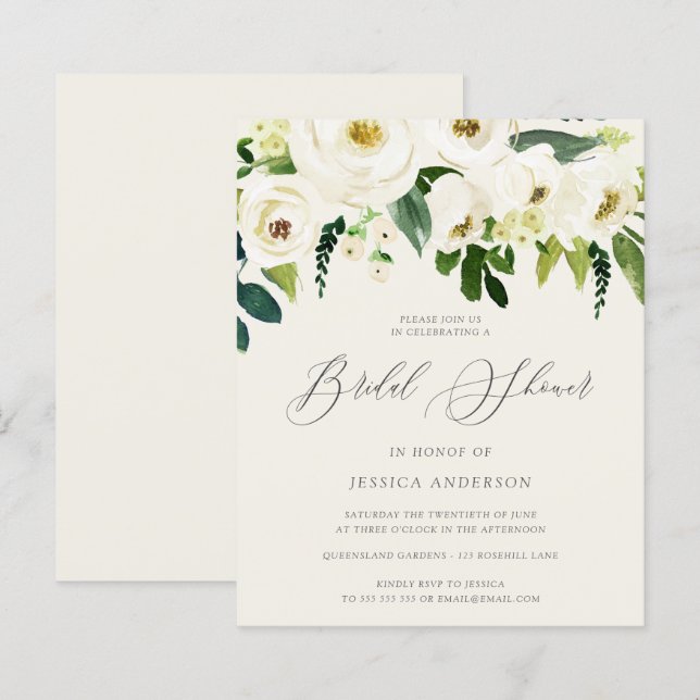 White Roses On a Budget Bridal Shower Invitation (Front/Back)