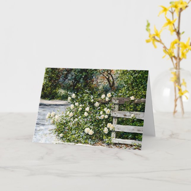 White Roses on a Country Fence Flower Art Card (Yellow Flower)