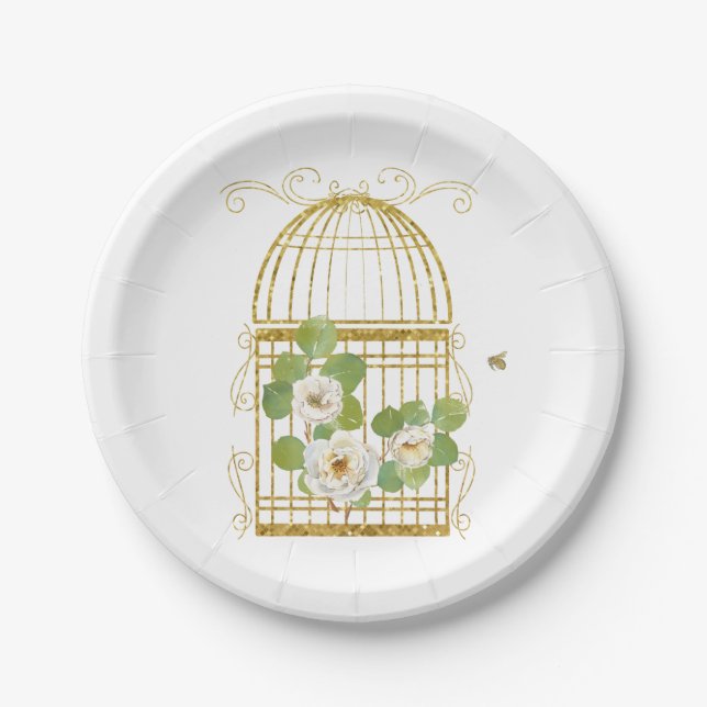 White Roses on a Gold Birdcage Paper Plate (Front)