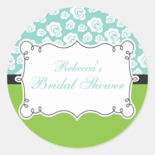 White Roses on Aqua & Green Bridal Shower Classic Round Sticker