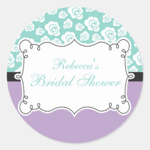 White Roses on Aqua & Purple Bridal Shower Classic Round Sticker