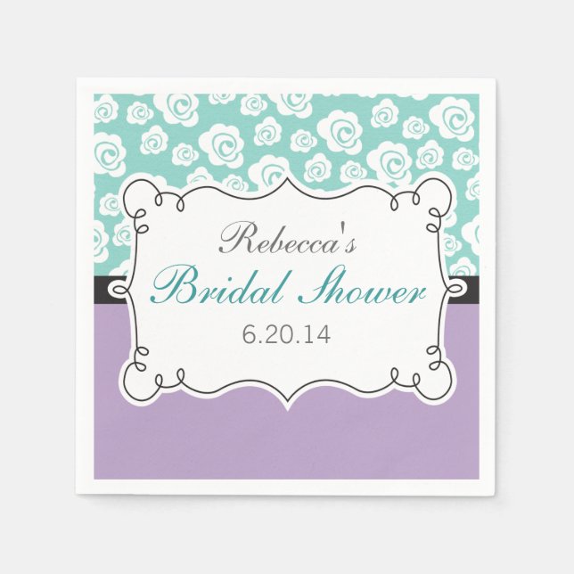 White Roses on Aqua & Purple Bridal Shower Napkin (Front)