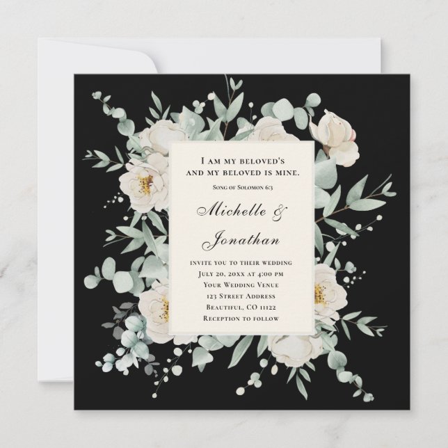 White Roses on Black Bible Verse Christian Wedding Invitation (Front)