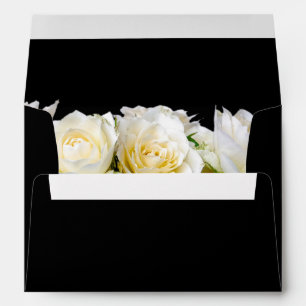 White roses on black floral wedding bouquet envelope