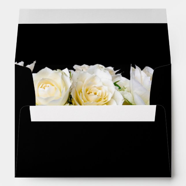White roses on black floral wedding bouquet envelope (Back (Bottom))