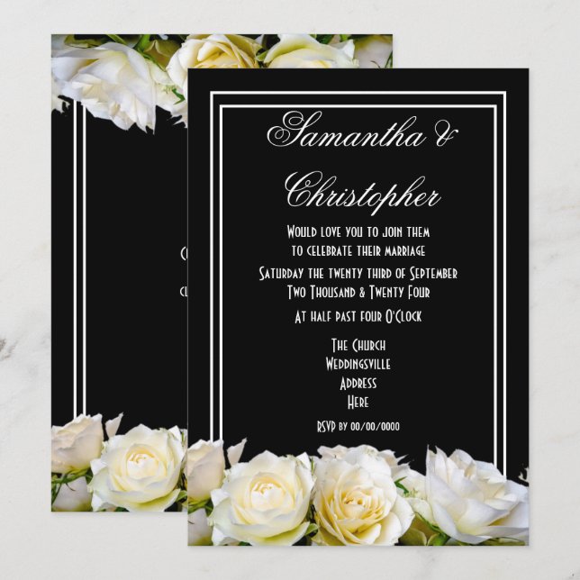 White roses on black floral wedding invitation (Front/Back)