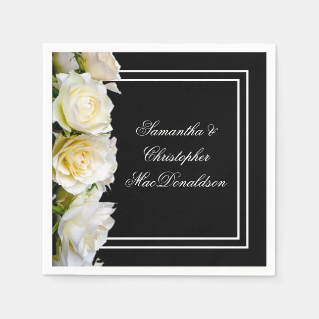 White roses on black floral wedding napkin (Front)