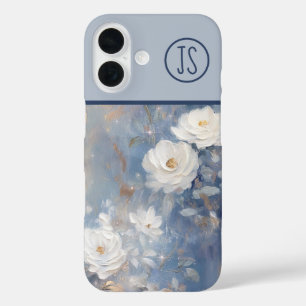 White Roses on Blue Background Monogrammed iPhone 16 Case