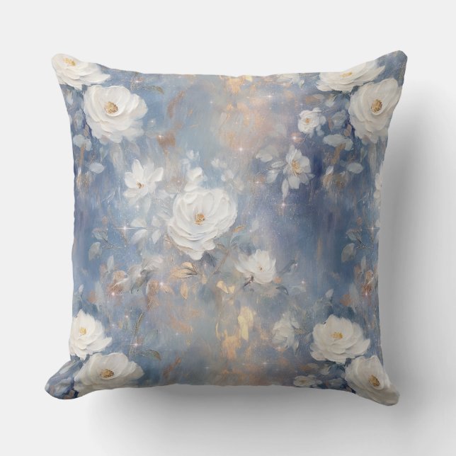 White Roses on Blue Background Oil Paint Style Cushion (Front)