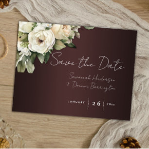 White Roses on Burgundy Boho Wedding Save the Date Announcement Postcard