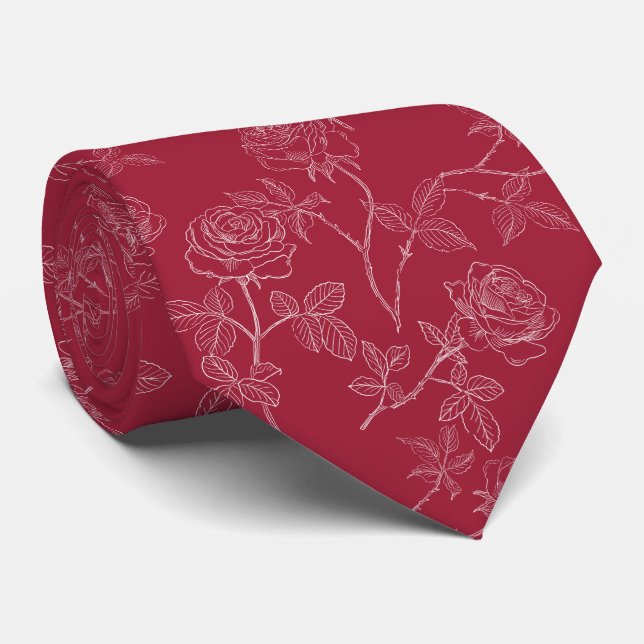 White roses on burgundy tie (Rolled)