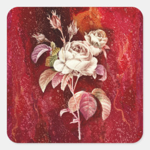White Roses on Deep Red Textured Backdrop Square Sticker