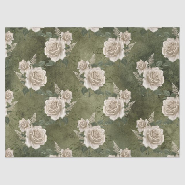 White Roses on Green Decoupage Tissue Paper (Front)