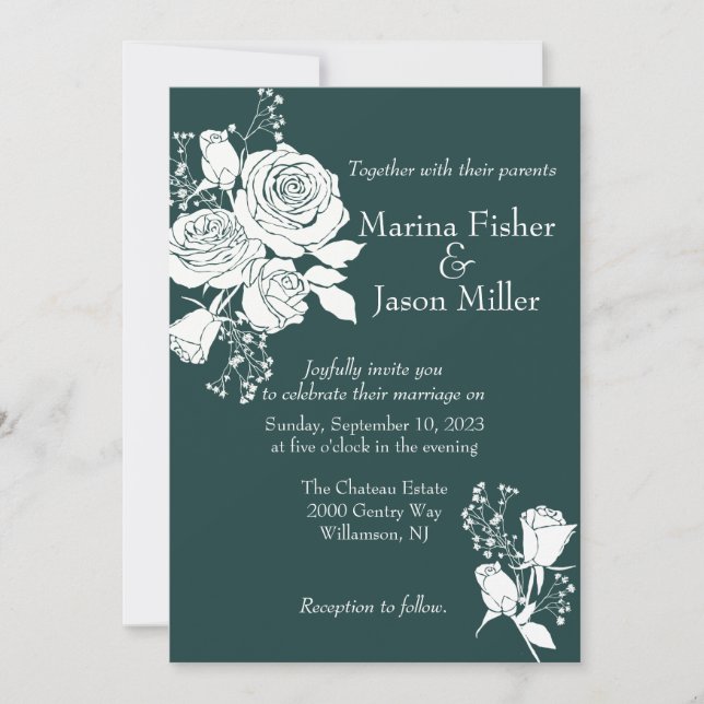 White Roses on Hunter Green Wedding Invitation (Front)