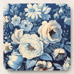 White Roses on Indigo Blue Background Coaster