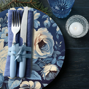 White Roses on Indigo Blue Background Paper Plate