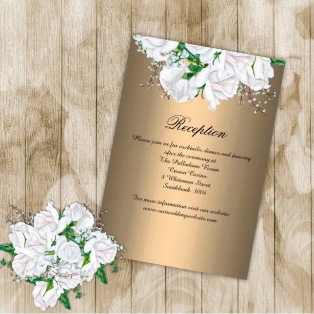 White Roses on Luxurious Gold Wedding Reception Enclosure Card (Creator Uploaded)