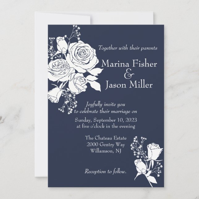 White Roses on Navy Blue Wedding Invitation (Front)