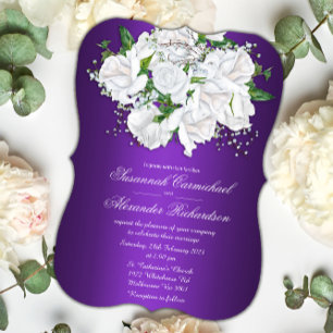 White Roses on Purple Curved Wedding Invitation