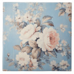 White Roses on Rustic Blue Background Tile<br><div class="desc">Lush antique white roses and wildflowers on rustic blue background.</div>