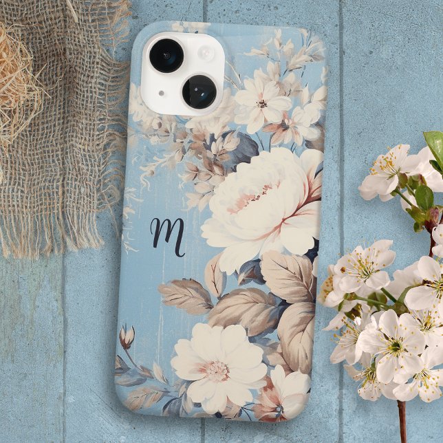White Roses on Rustic Blue Background w/Monogram Case-Mate iPhone Case (Creator Uploaded)