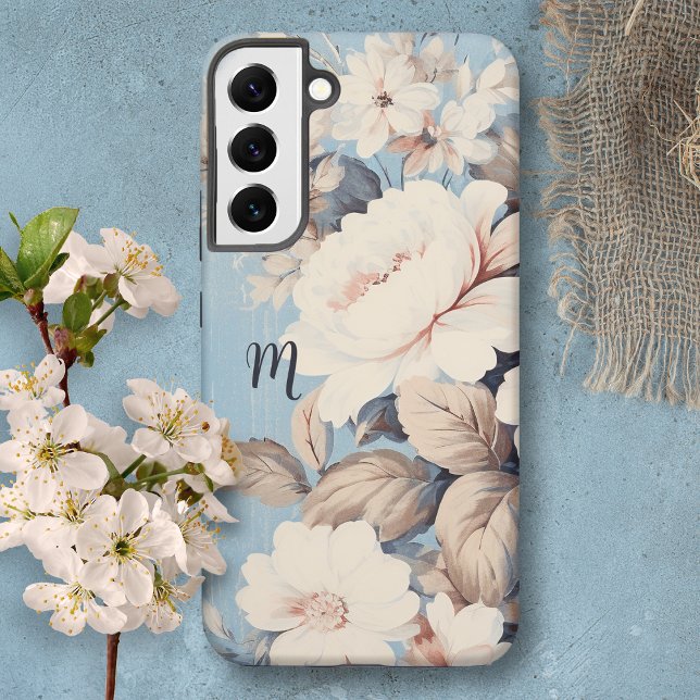 White Roses on Rustic Blue Background w/Monogram Samsung Galaxy S22+ Case (Creator Uploaded)