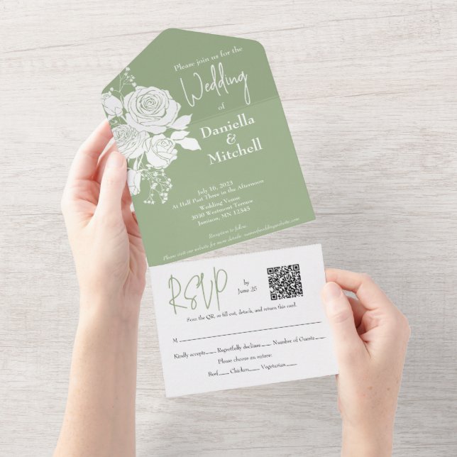 White Roses on Sage All in One Wedding Invite (Tearaway)