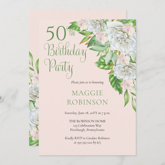 White Roses | Orchids 50th Wedding Birthday Party  Invitation (Front/Back)