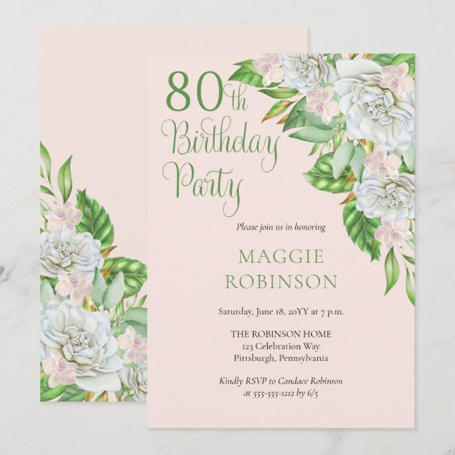 White Roses | Orchids 80th Birthday Party  Invitation (Front/Back)