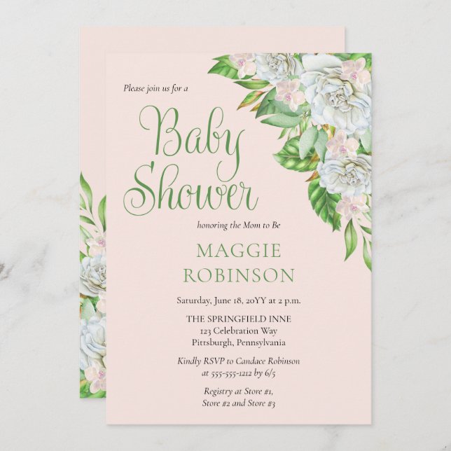 White Roses | Orchids Boho Floral Girl Baby Shower Invitation (Front/Back)