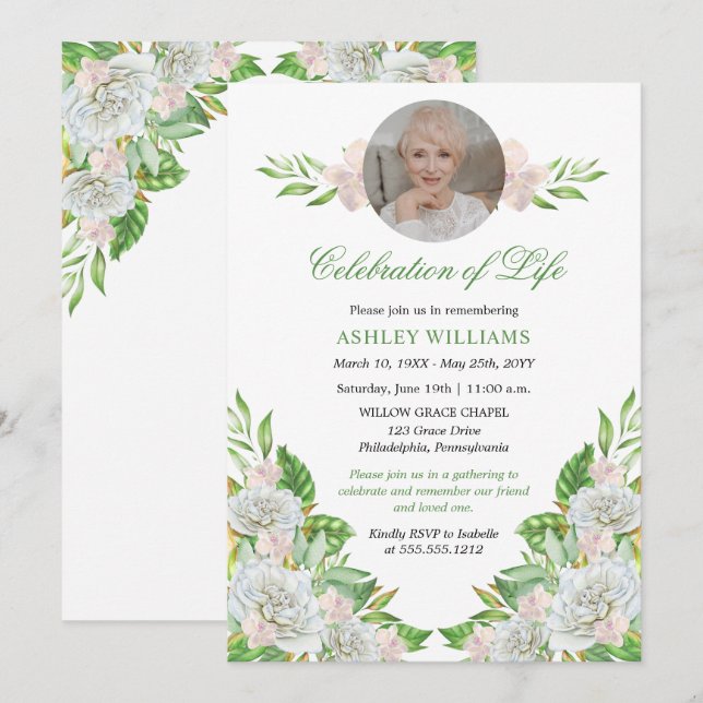 White Roses | Orchids Floral Celebration of Life Invitation (Front/Back)