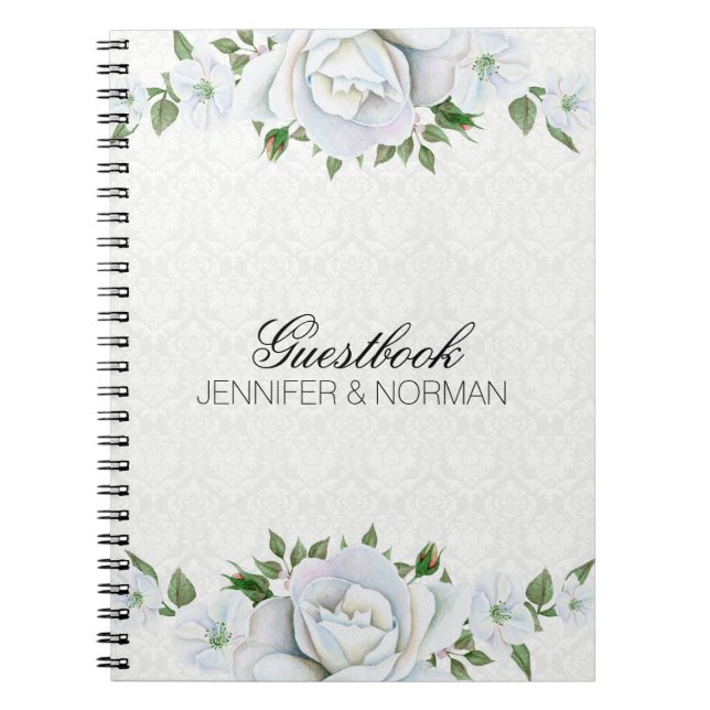 White Roses Over White Damask Notebook (Front)