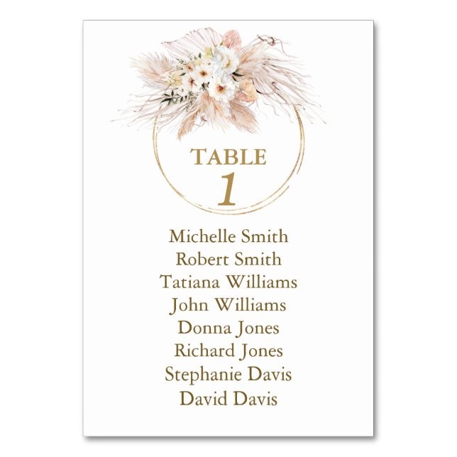 White Roses Pampas Grass Baptism Seating Chart  Table Number (Front)