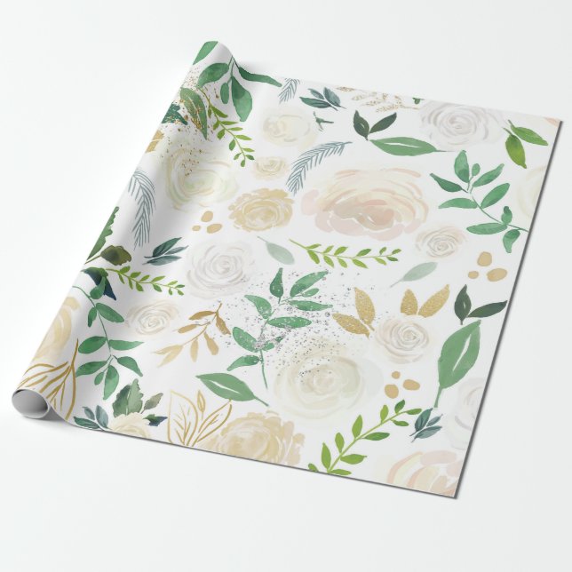 White Roses Pattern Wrapping Paper (Unrolled)
