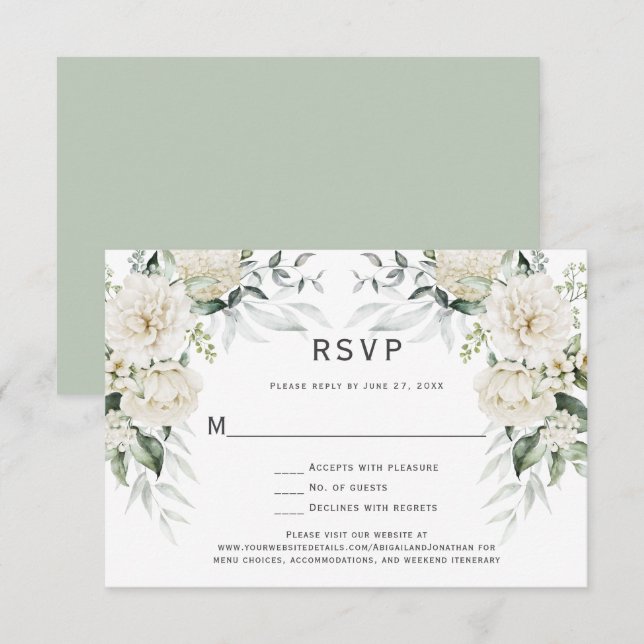 White Roses, Peonies Eucalyptus RSVP Invitation (Front/Back)