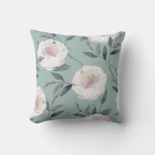 White Roses Peonies: Floral Embroidery. Cushion