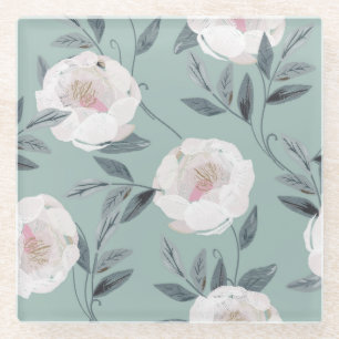 White Roses Peonies: Floral Embroidery. Glass Coaster