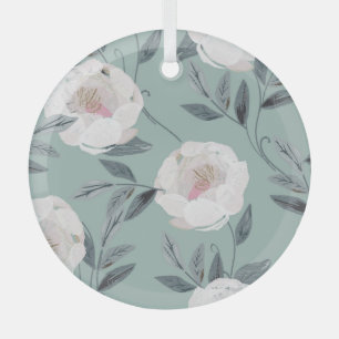 White Roses Peonies: Floral Embroidery. Glass Tree Decoration
