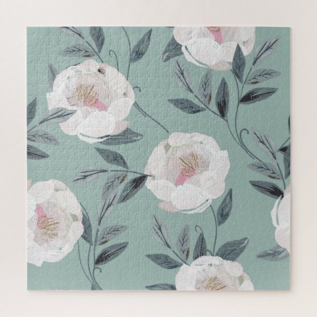 White Roses Peonies: Floral Embroidery. Jigsaw Puzzle (Vertical)