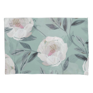 White Roses Peonies: Floral Embroidery. Pillowcase